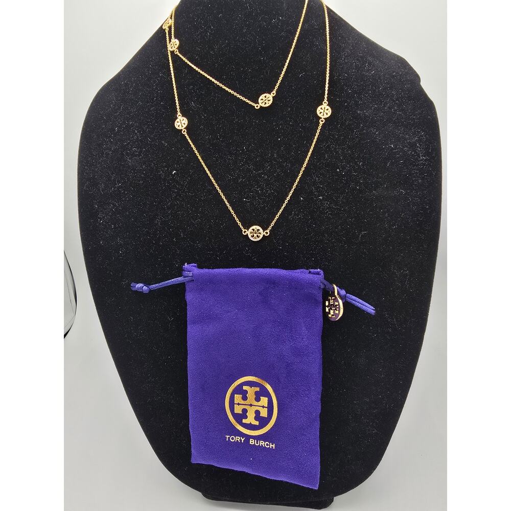 Tory Burch Miller Gold Tone LONG Necklace w/Pave DoubleT Logos w/Pouch - NWOT
